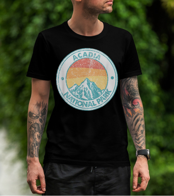 Acadia National Park Mountain Retro Vintage Sunset Badge T-Shirt