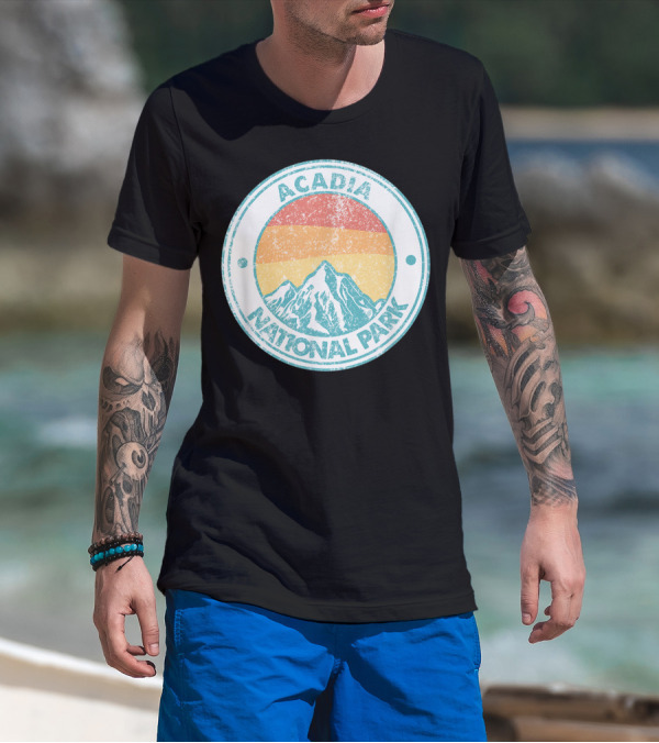 Acadia National Park Mountain Retro Vintage Sunset Badge T-Shirt