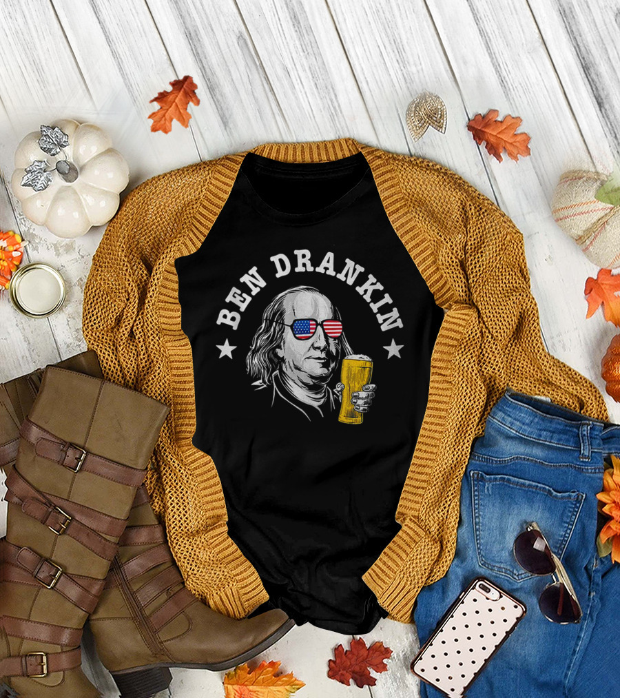 USA Flag Glasses Ben Drankin Benjamin Franklin Beer 4th of July T-Shirt