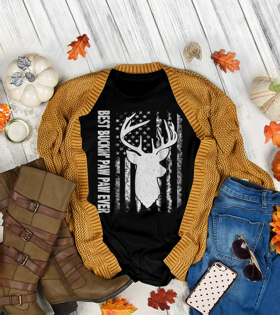 Best Buckin Paw Paw Ever USA Flag Deer Antlers T-Shirt