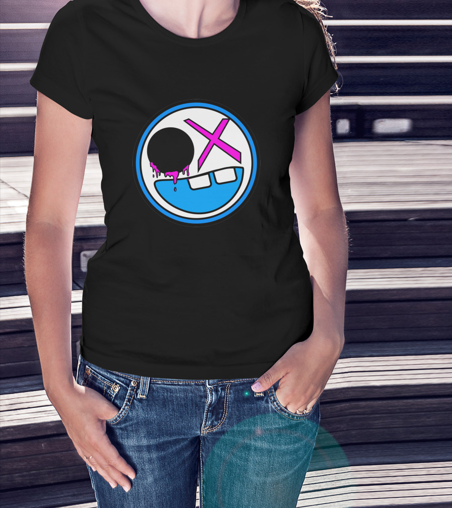 8Sided Smile Emoticon With Dripping Black Circle And Pink X Eyes T-Shirt