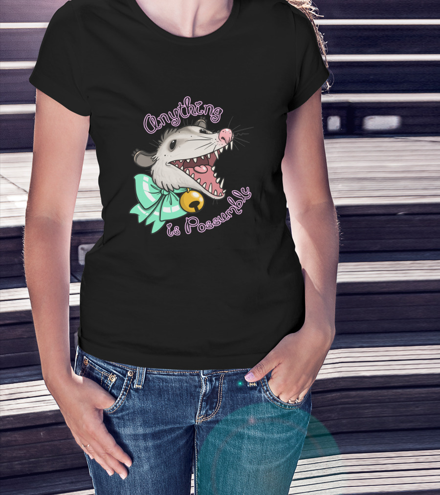 Anything Is Possumble Cute Cartoon Opossum With Bow And Bell T-Shirt
