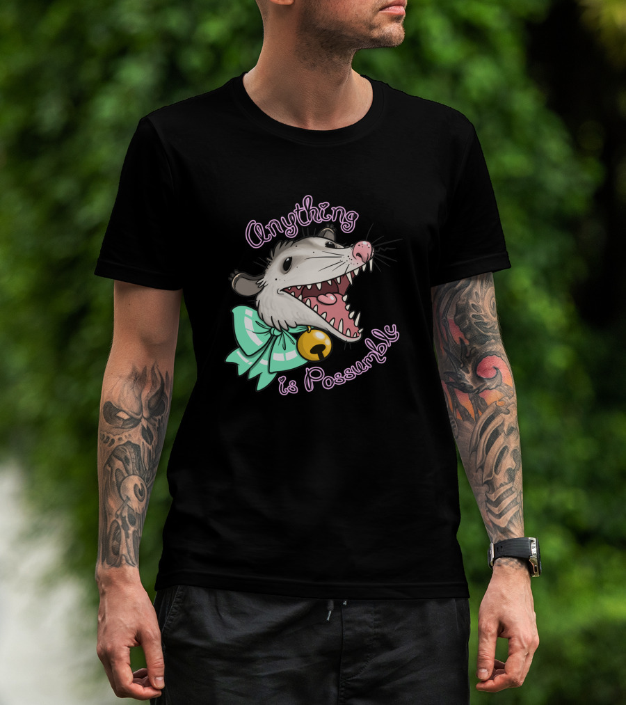 Anything Is Possumble Cute Cartoon Opossum With Bow And Bell T-Shirt