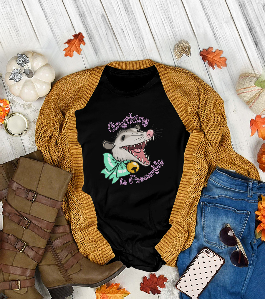 Anything Is Possumble Cute Cartoon Opossum with Bow and Bell T-Shirt