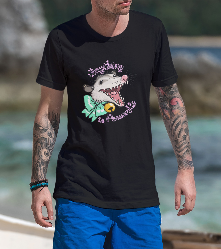 Anything Is Possumble Cute Cartoon Opossum With Bow And Bell T-Shirt