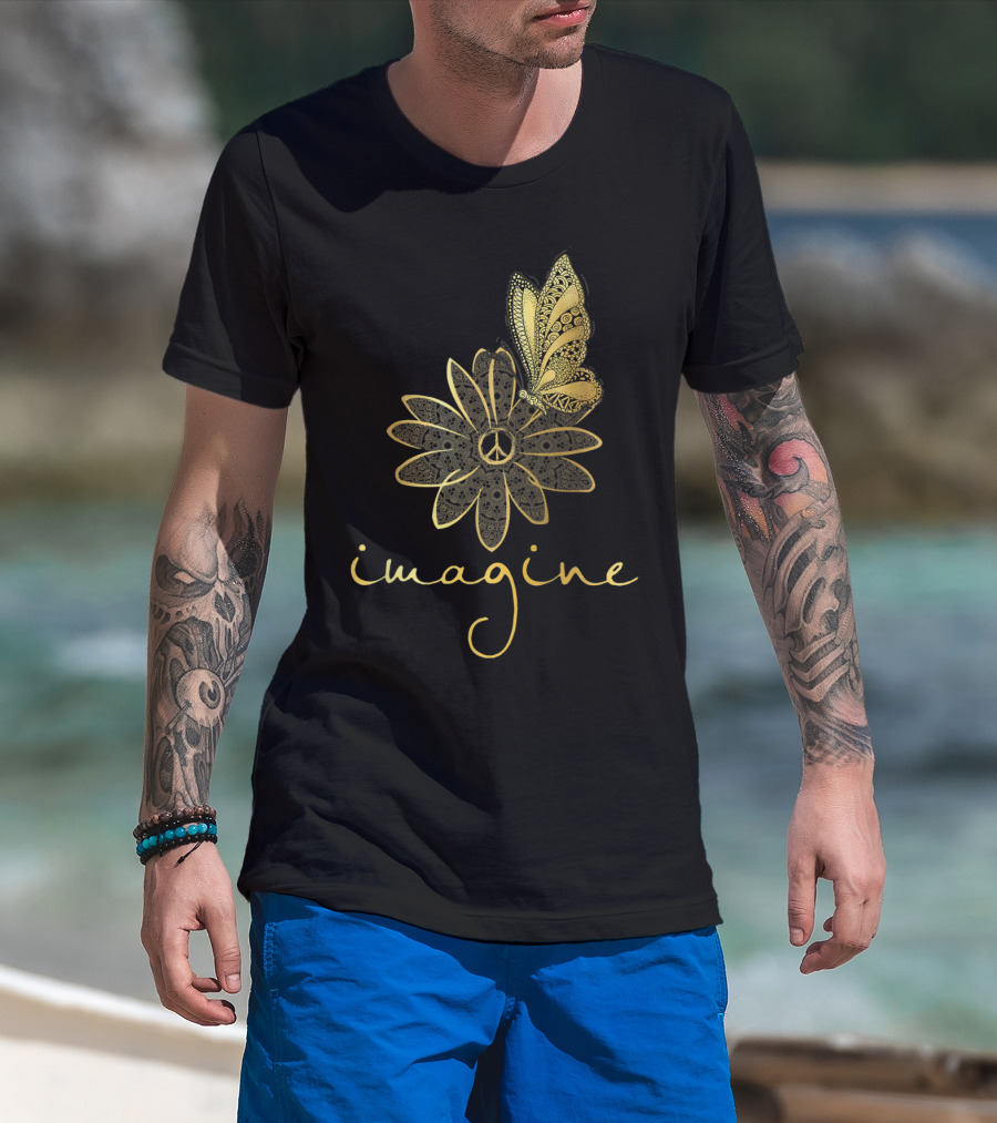 Imagine Flower Butterfly Peace Mandala T-Shirt