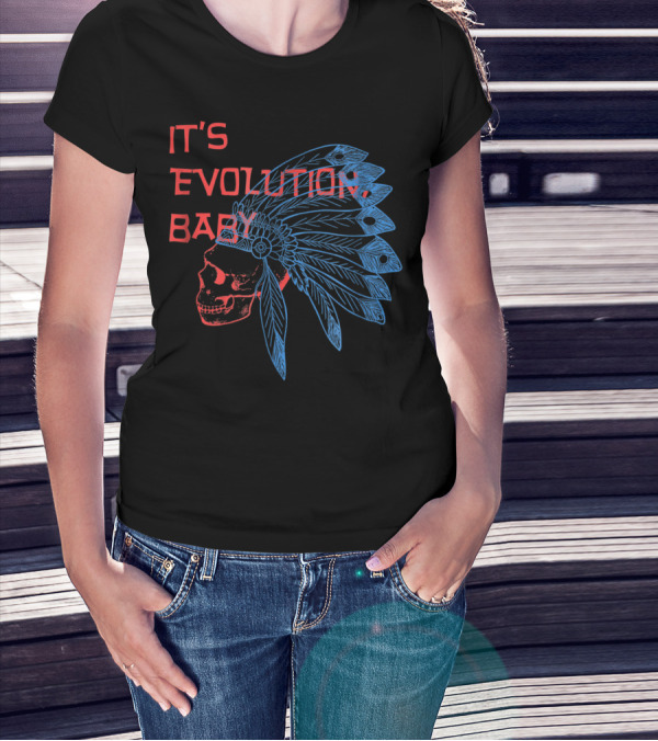 It's Evolution Baby Skull With Feathered Headdress Grunge T-Shirt
