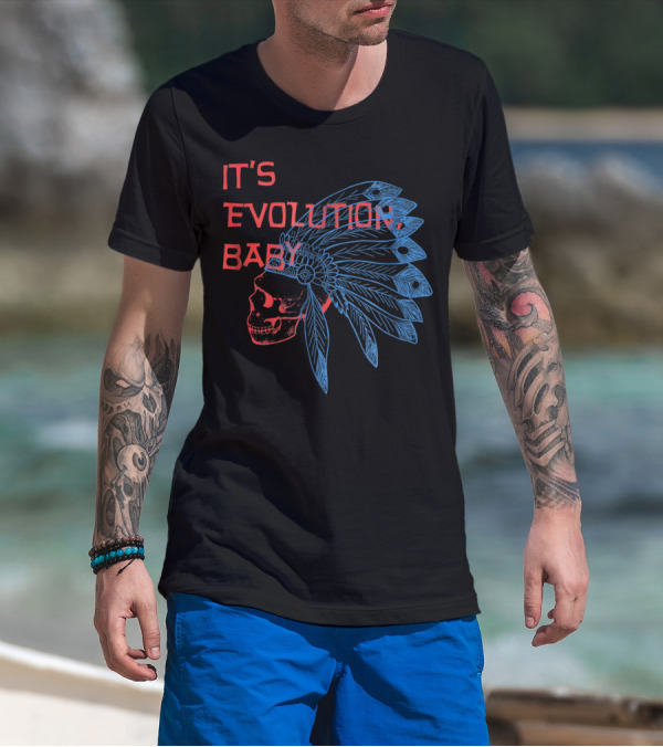 It's Evolution Baby Skull With Feathered Headdress Grunge T-Shirt