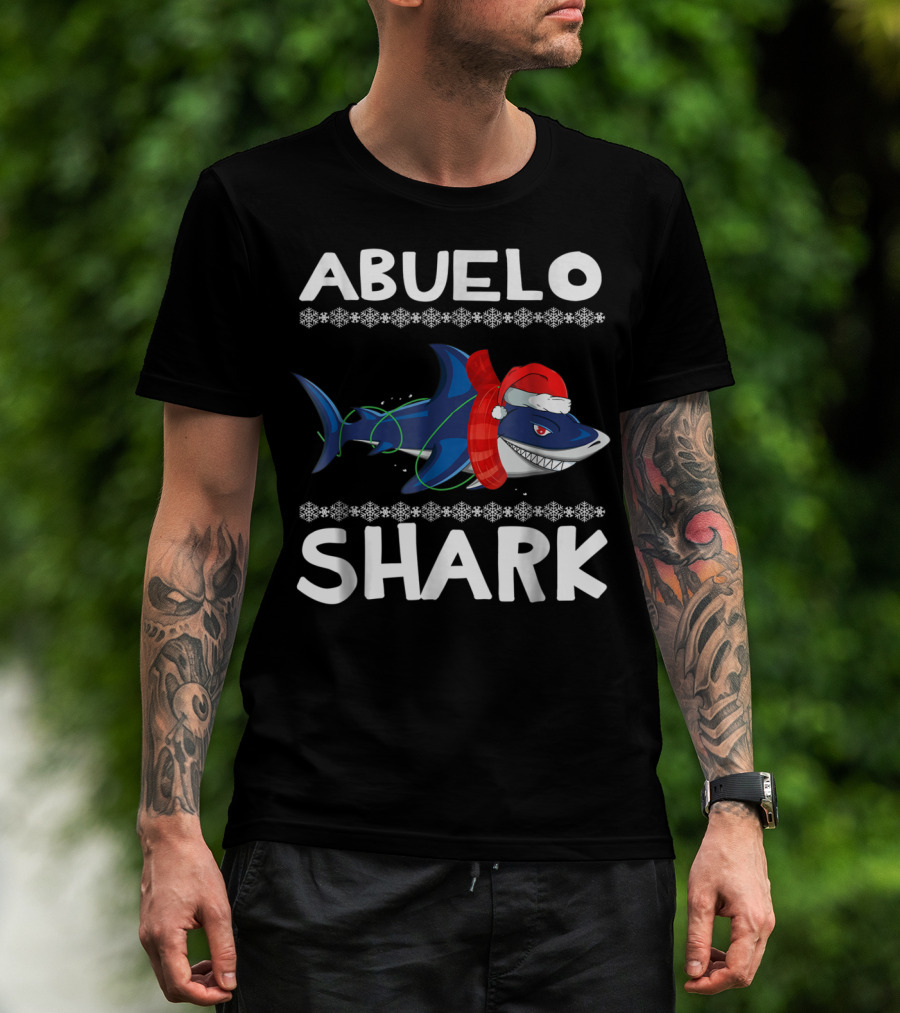 Abuelo Shark Christmas Family Sweater Santa Hat Snowflakes T-Shirt