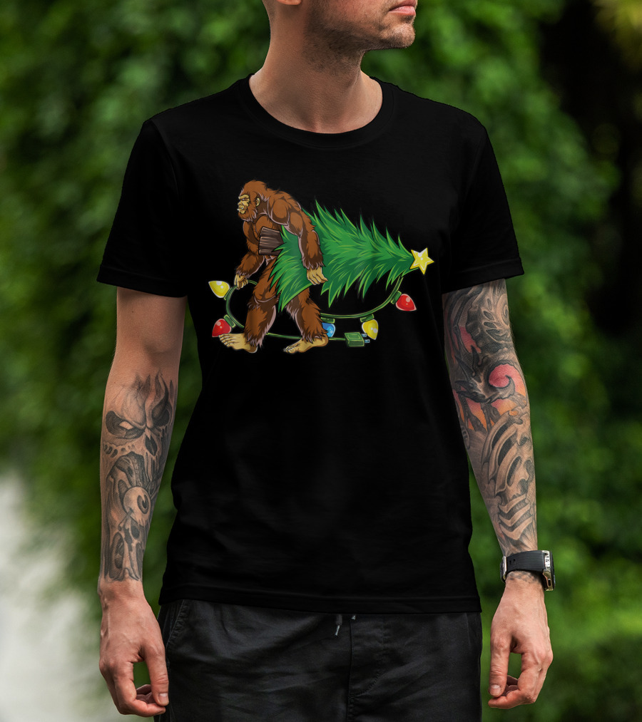 Bigfoot Sasquatch Christmas Tree With Lights Santa4 T-Shirt