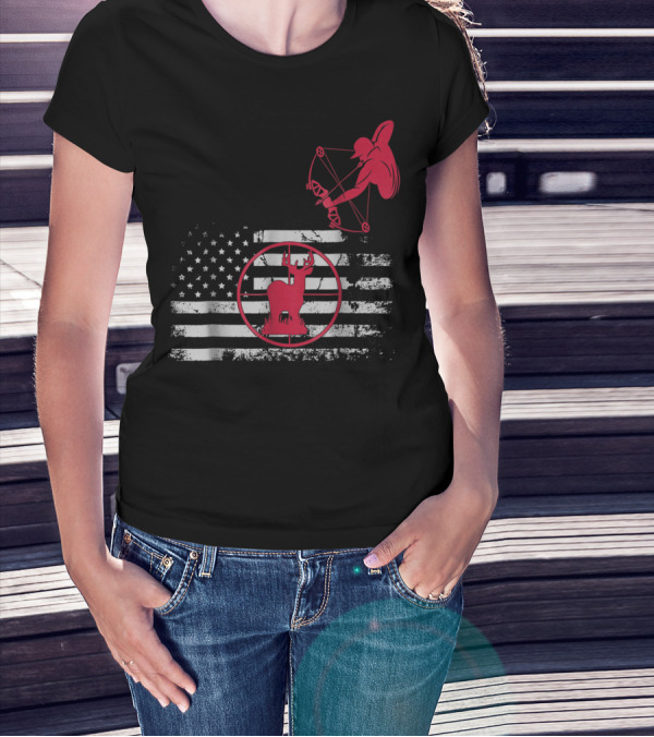 Bow Hunting American Flag Women Hunters Deer Archery T-Shirt