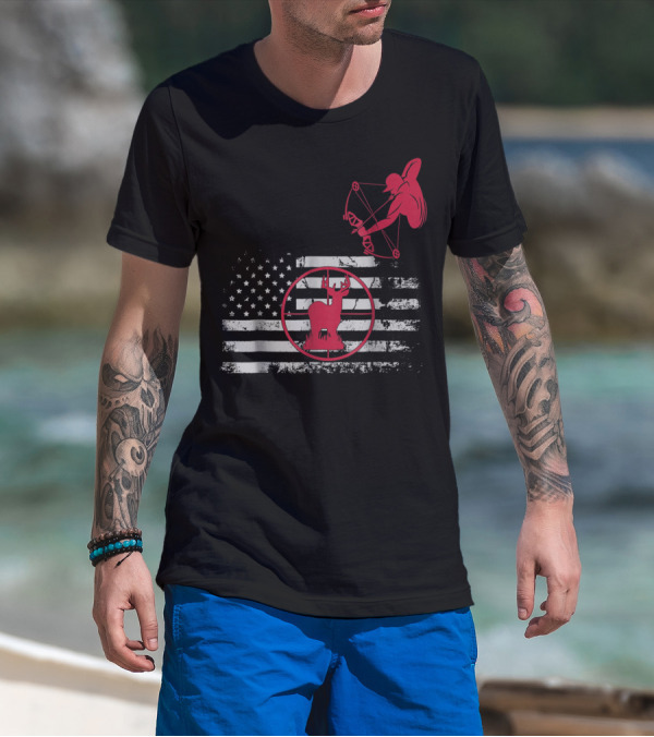 Bow Hunting American Flag Women Hunters Deer Archery T-Shirt