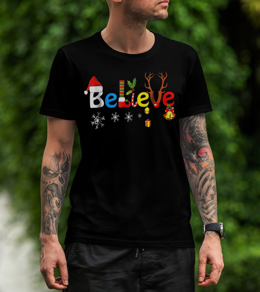 Believe Funny Christmas Santa Elf Reindeer Holiday Icons T-Shirt