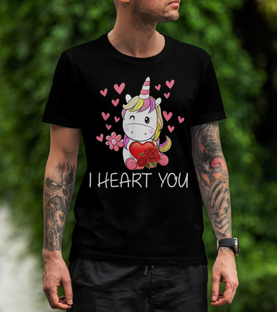 Girls Cute Unicorn I Heart You Valentines Day Hearts Roses T-Shirt