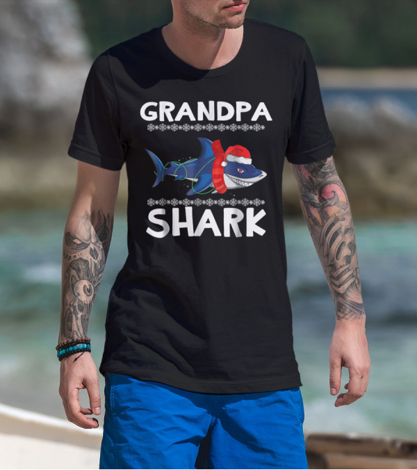 Grandpa Shark Christmas With Santa Hat And Holiday Lights T-Shirt