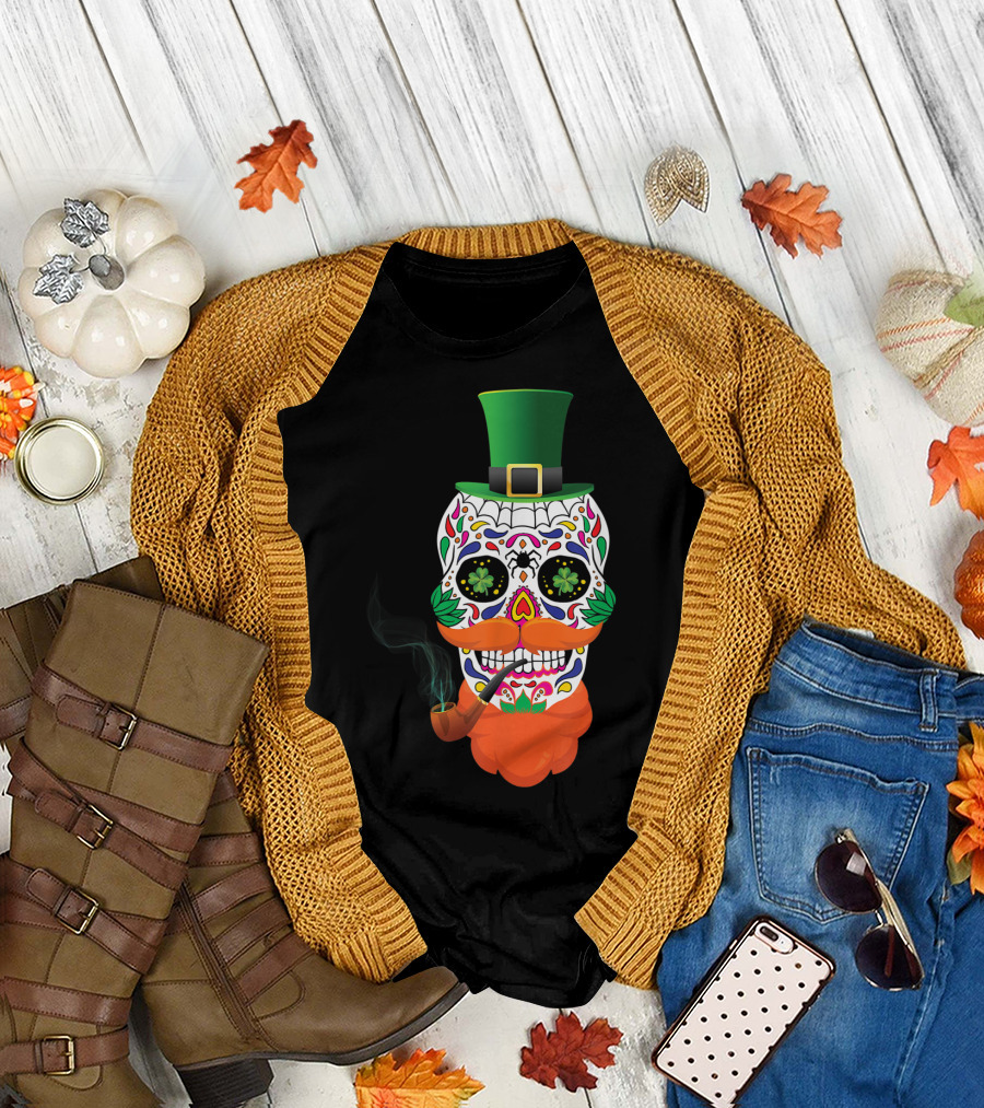 Irish Sugar Skull Leprechaun St Patricks Day Clover Pipe Hat Colorful T-Shirt