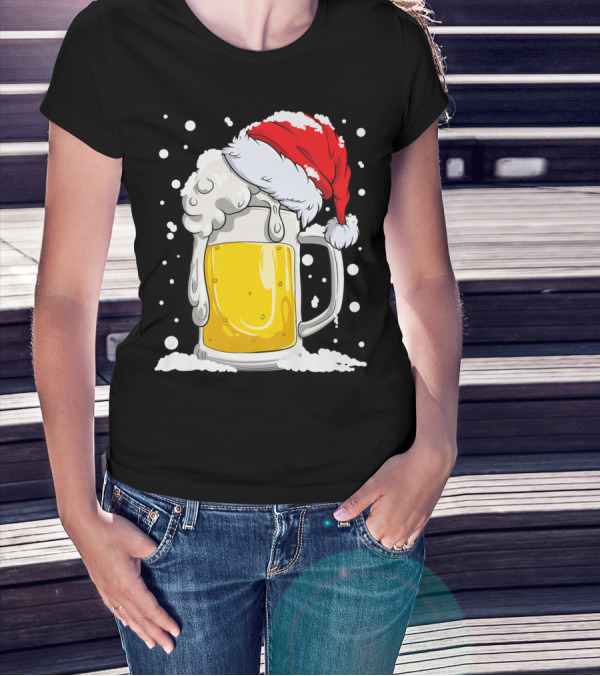 Beer Mug Wearing Santa Hat Surrounded By Snowflakes T-Shirt
