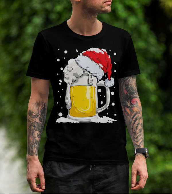 Beer Mug Wearing Santa Hat Surrounded By Snowflakes T-Shirt