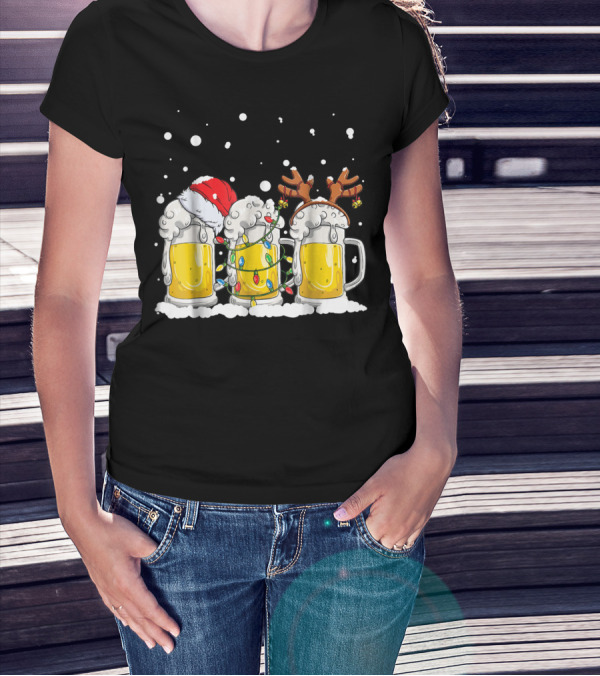 Beer Christmas Santa Hat Reindeer Antlers Xmas Lights T-Shirt
