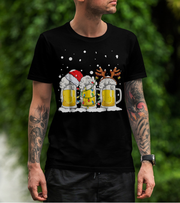 Beer Christmas Santa Hat Reindeer Antlers Xmas Lights T-Shirt