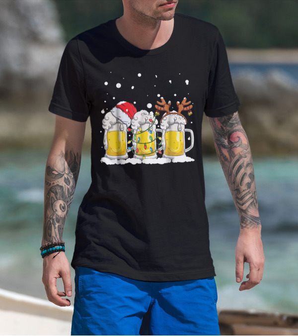 Beer Christmas Santa Hat Reindeer Antlers Xmas Lights T-Shirt