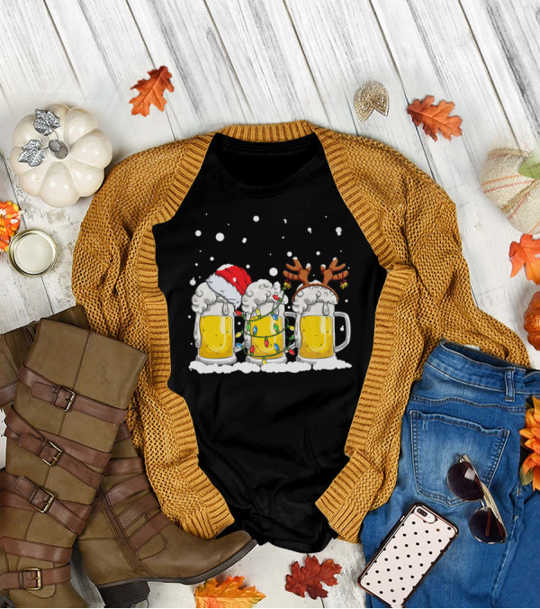 Beer Santa Christmas Lights Reinbeer Holiday Cheers T-Shirt