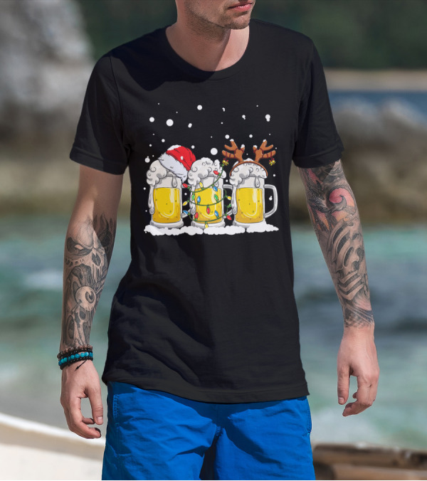 Beer Santa Christmas Lights Reinbeer Holiday Cheers T-Shirt