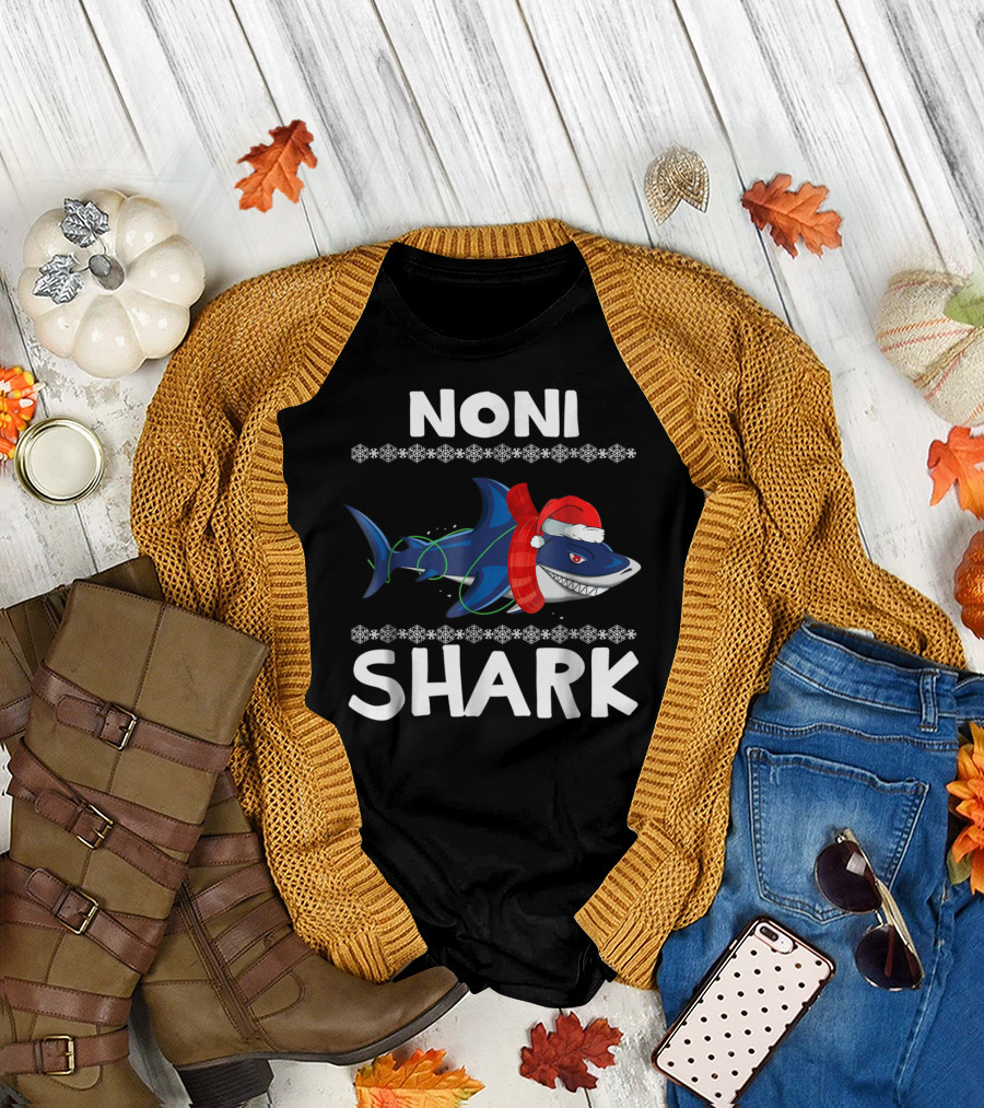 Noni Shark Christmas Family Santa Hat Snowflakes T-Shirt