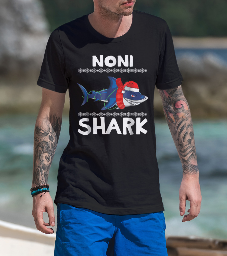 Noni Shark Christmas Family Santa Hat Snowflakes T-Shirt