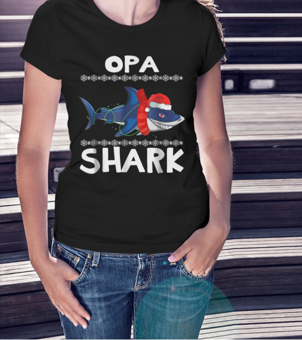 Opa Shark Christmas Family Santa Hat Snowflakes Ugly T-Shirt
