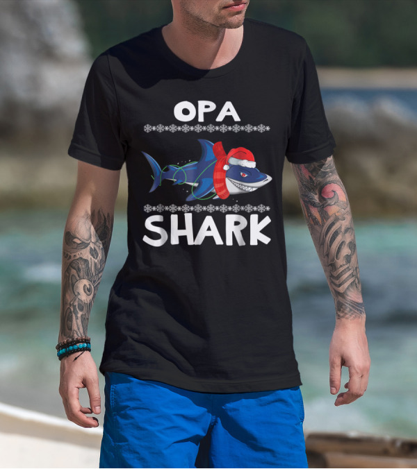 Opa Shark Christmas Family Santa Hat Snowflakes Ugly T-Shirt