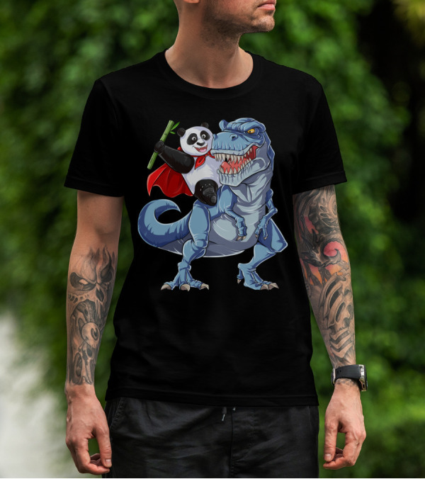 Panda Riding Dinosaur Rex Funny Pandas Bear 3 T-Shirt
