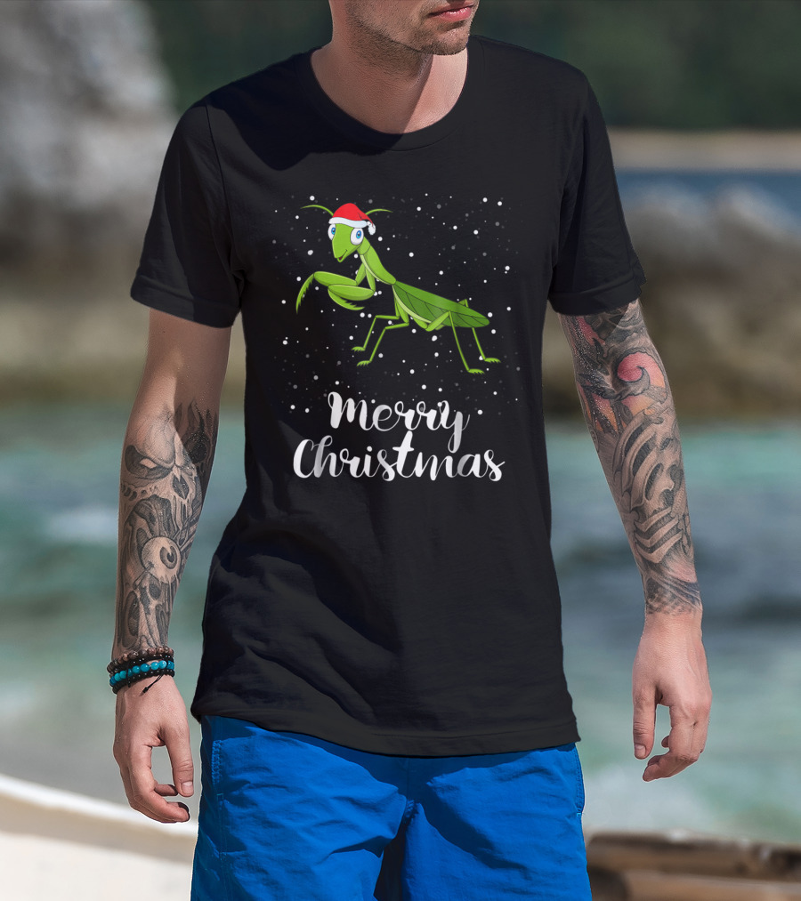 Merry Christmas Praying Mantis Santa Hat Matching Family Group T-Shirt