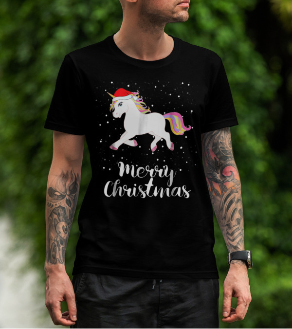 Merry Christmas Unicorn Santa Hat Family Group Matching T-Shirt