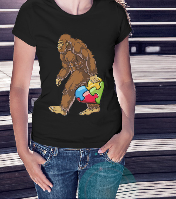 Bigfoot Holding Heart Puzzle Piece Autism Awareness Boys Men19 T-Shirt