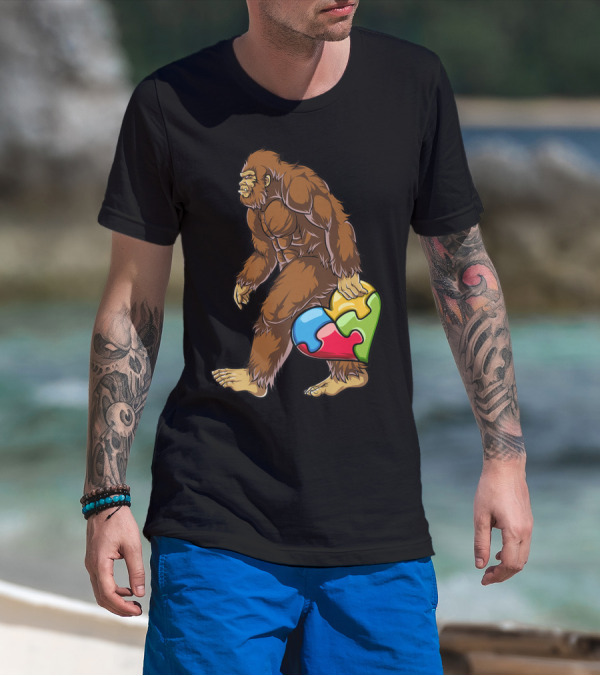 Bigfoot Holding Heart Puzzle Piece Autism Awareness Boys Men19 T-Shirt