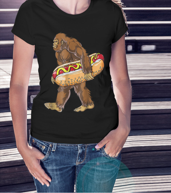 Bigfoot Carrying Giant Hotdog Sasquatch Food Lovers T-Shirt