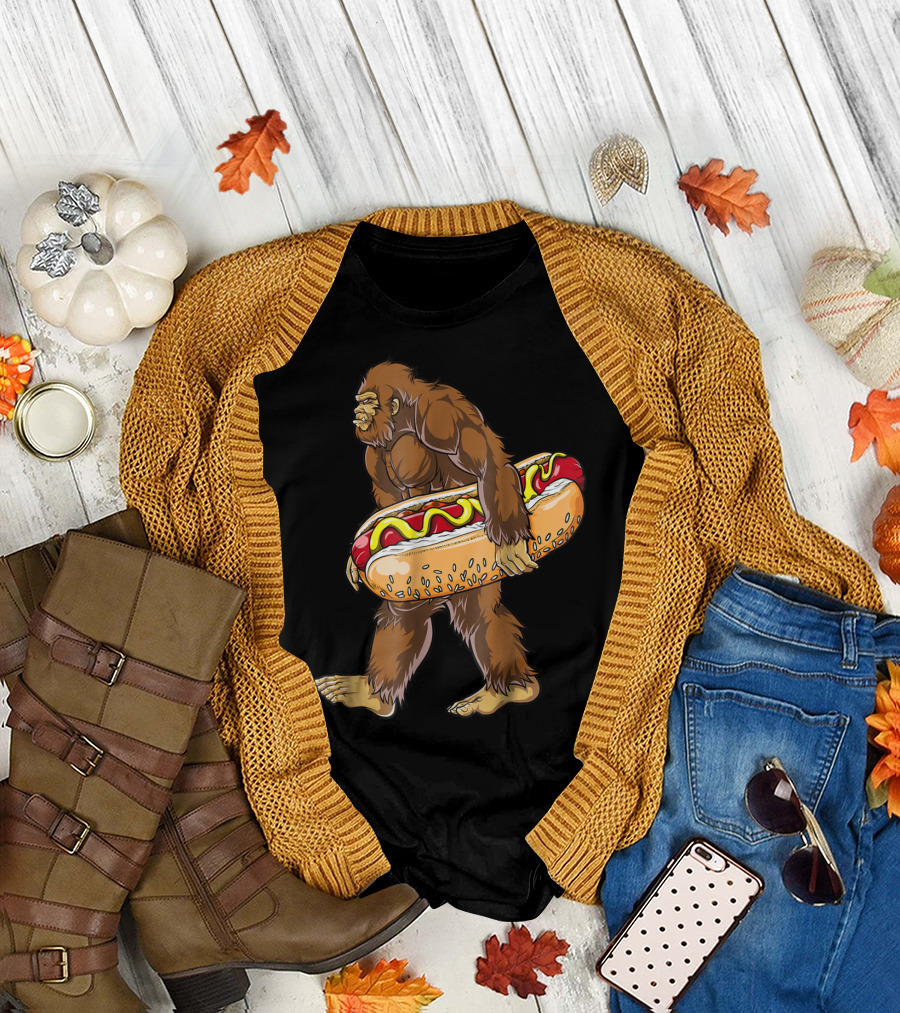 Bigfoot Carrying Giant Hotdog Sasquatch Food Lovers T-Shirt