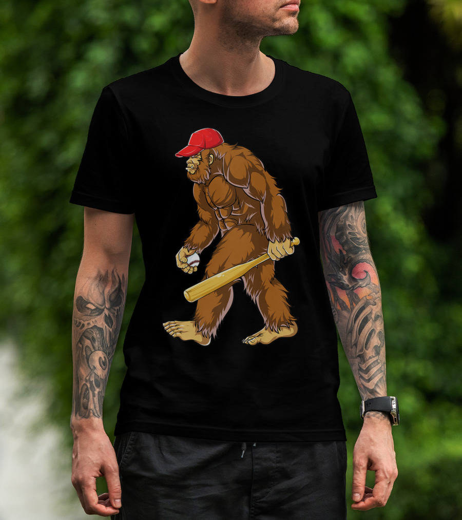 Bigfoot Sasquatch Baseball Catcher Pitcher Men Boys Red Cap Bat Sports T-Shirt