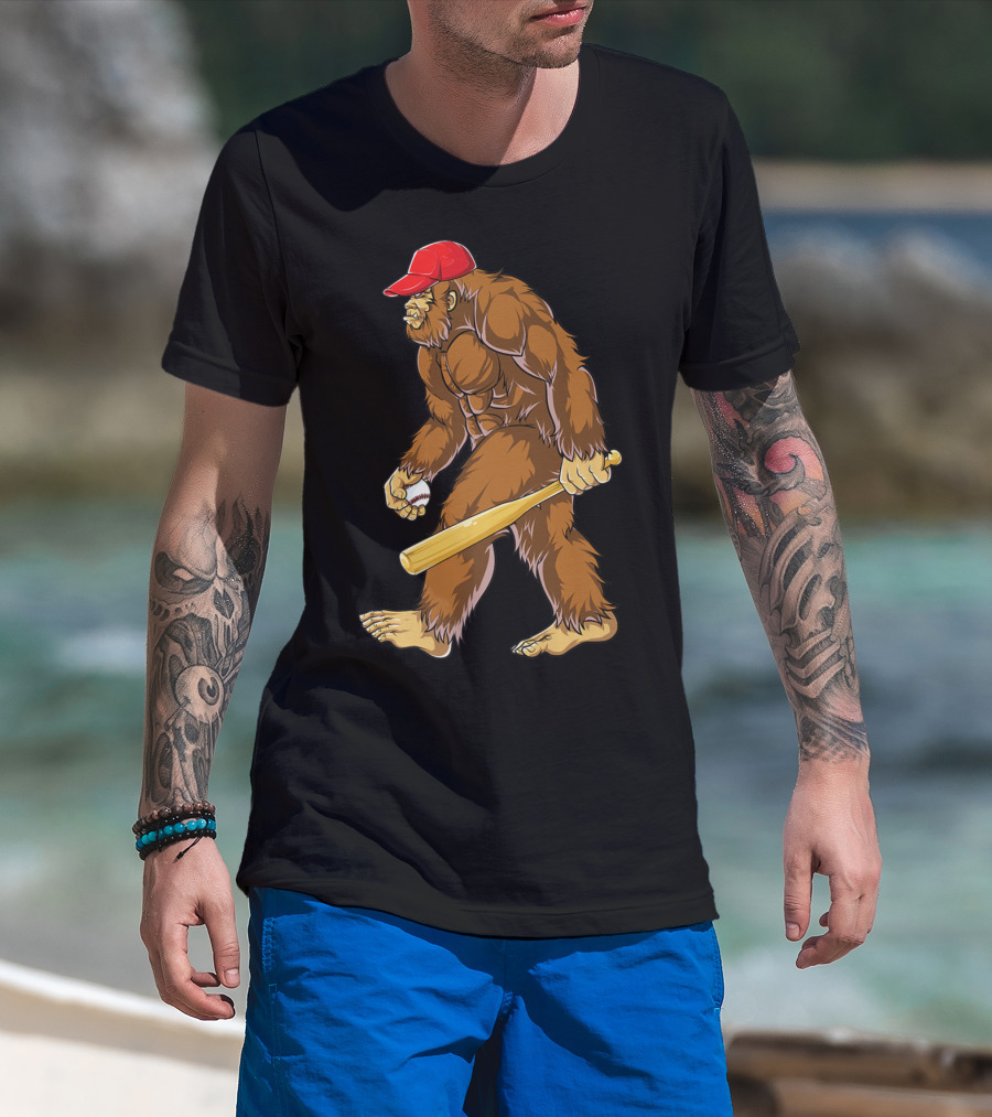 Bigfoot Sasquatch Baseball Catcher Pitcher Men Boys Red Cap Bat Sports T-Shirt