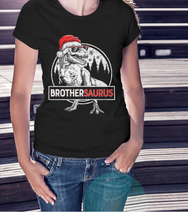 Brothersaurus Dinosaur Christmas Santa Hat Snowflakes Family Tees18 T-Shirt