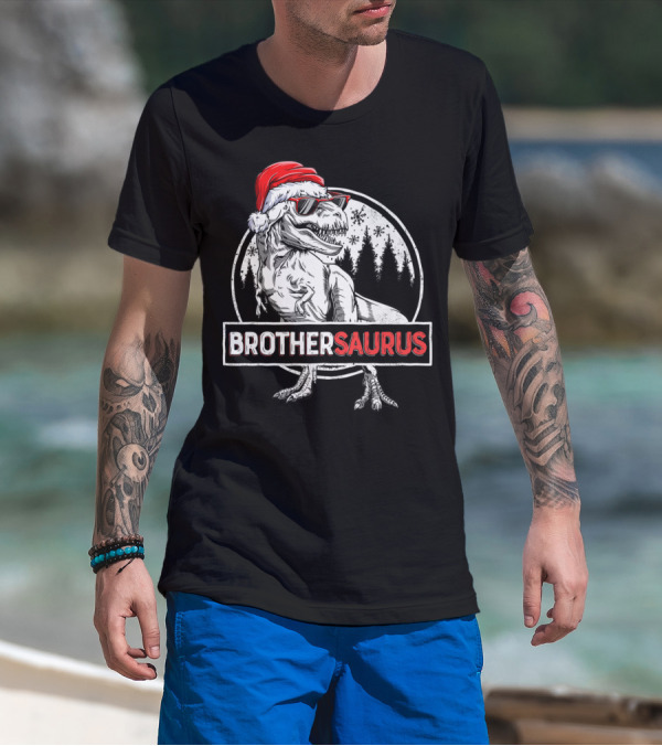 Brothersaurus Dinosaur Christmas Santa Hat Snowflakes Family Tees18 T-Shirt