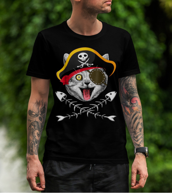 Cat Pirate Jolly Roger Flag Skull Crossbones Eyepatch Fishbones T-Shirt