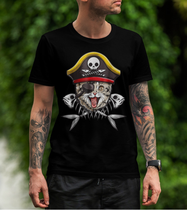 Cat Pirate Jolly Roger Flag Skull Crossbones Captain15 Eye Patch Fish Bones Hat Skull T-Shirt