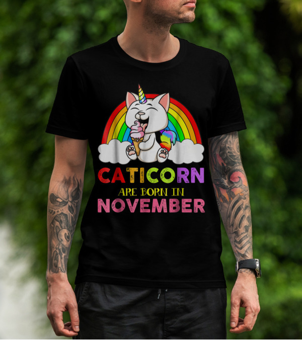 Caticorn Are Born In November Rainbow Ice Cream Cloud Cat Unicorn T-Shirt