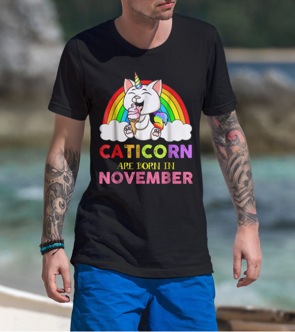 Caticorn Are Born In November Rainbow Ice Cream Cloud Cat Unicorn T-Shirt