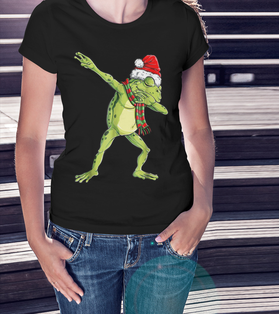Christmas Dabbing Frog With Santa Hat And Scarf T-Shirt