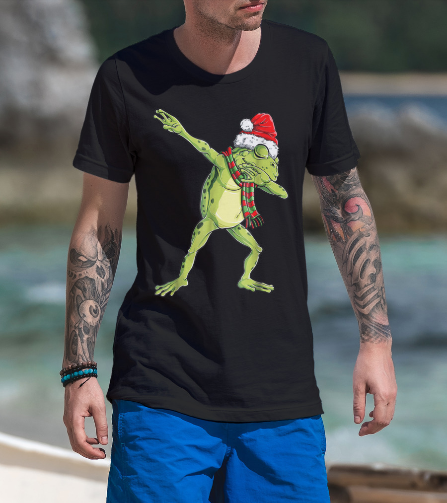 Christmas Dabbing Frog With Santa Hat And Scarf T-Shirt