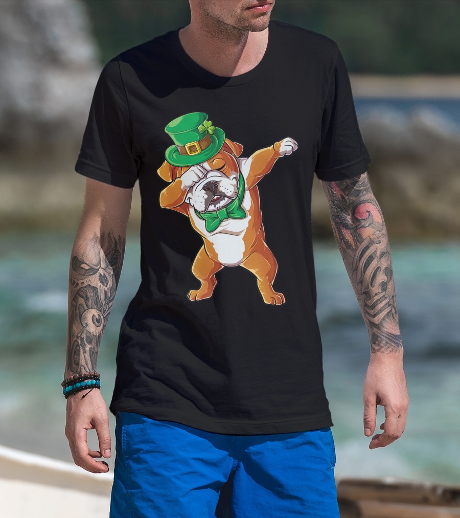 Dabbing English Bulldog St Patricks Day Leprechaun Hat Bow Tie T-Shirt