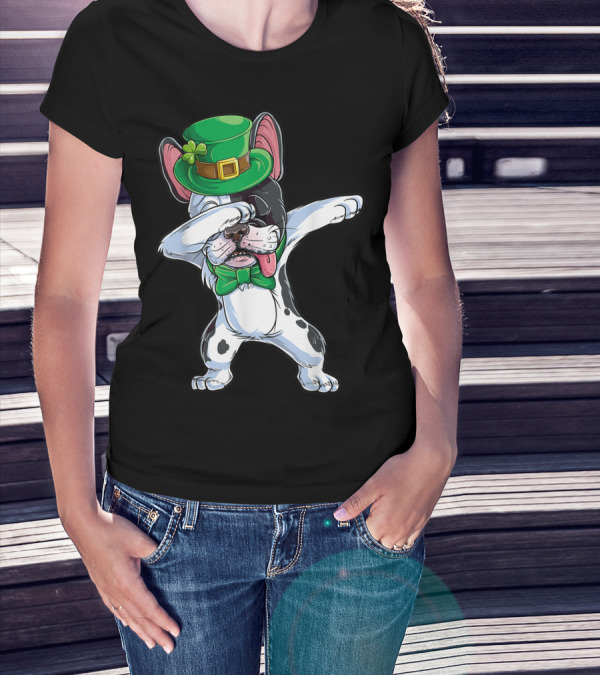 Dabbing French Bulldog St Patricks Day Leprechaun Hat Bow Tie T-Shirt